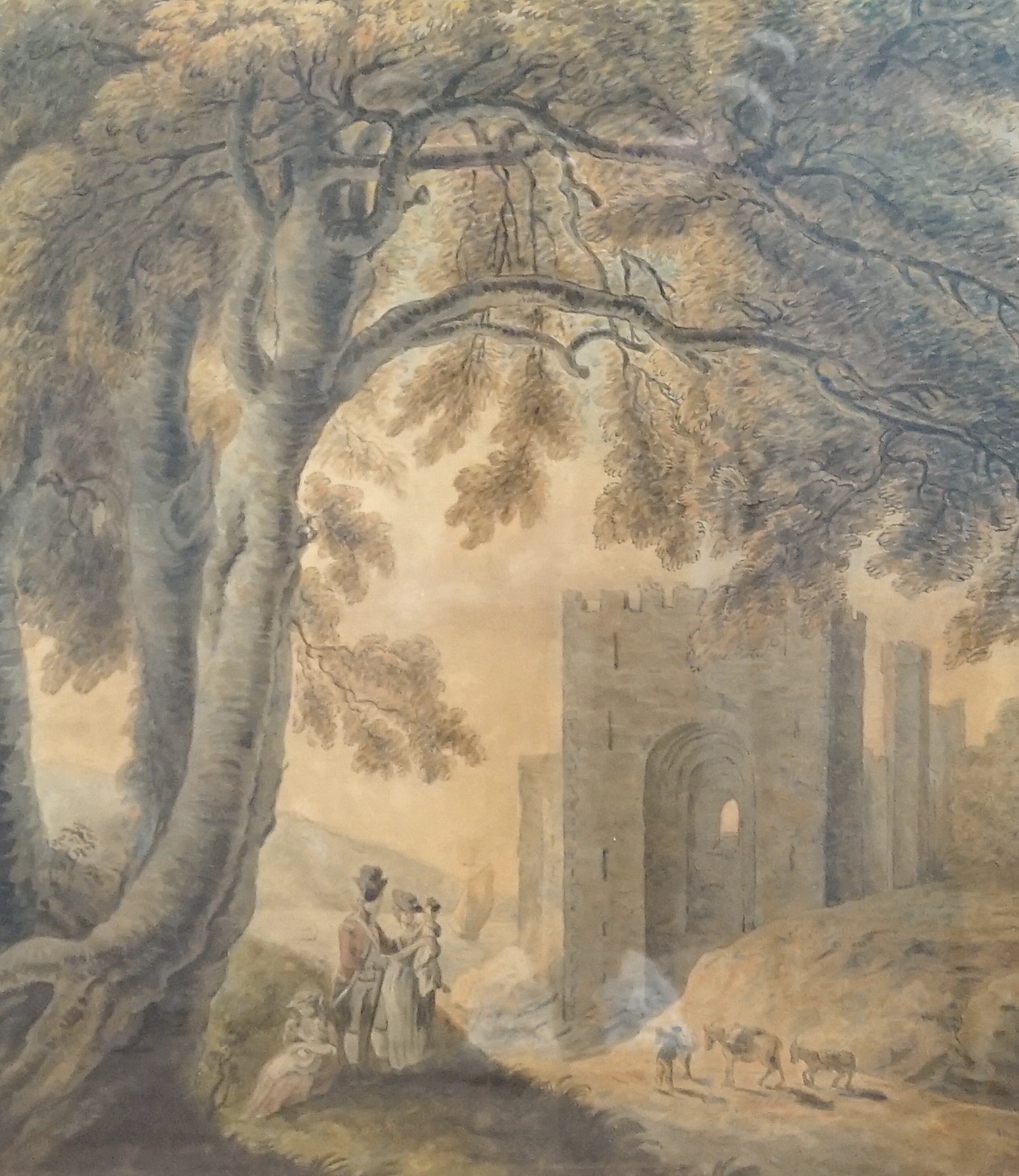 English School c.1800, ink and watercolour, An army officer and his family standing in a landscape with a castle and sailing ship beyond, 60 x 52cm